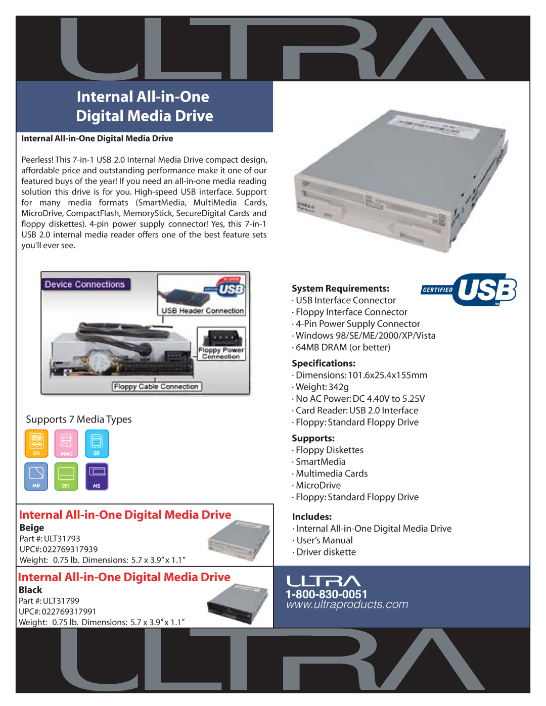 Ultra Products ULT31793 specifications Internal All-in-One Digital Media Drive 