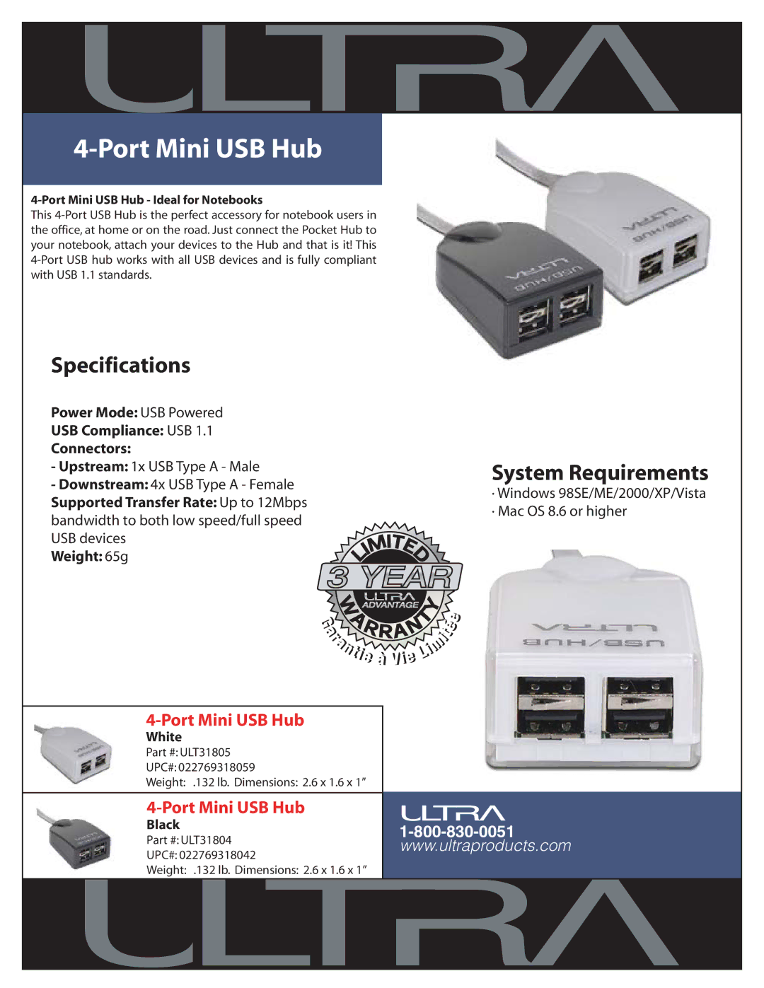 Ultra Products ULT31805 specifications Port Mini USB Hub, Specifications, System Requirements, Weight 65g 