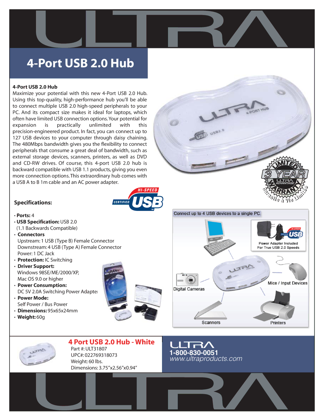 Ultra Products ULT31807 specifications Port USB 2.0 Hub, Specifications 