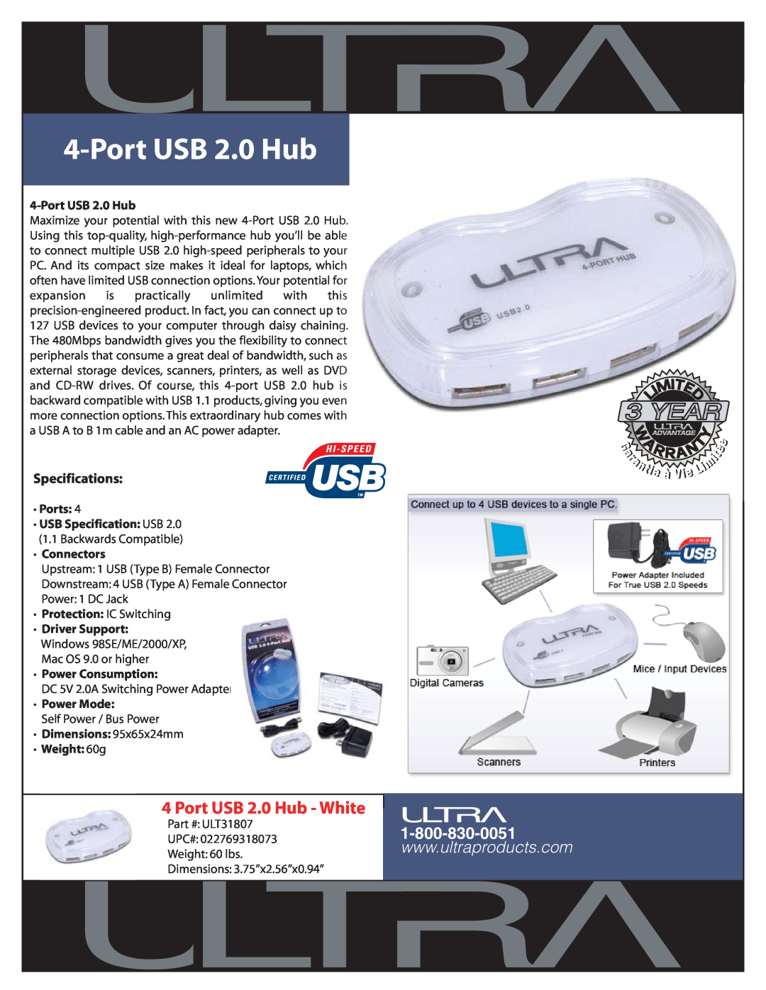 Ultra Products ULT31807 specifications Port USB 2.0 Hub - White, Specifications, · Ports · USB Specification USB 