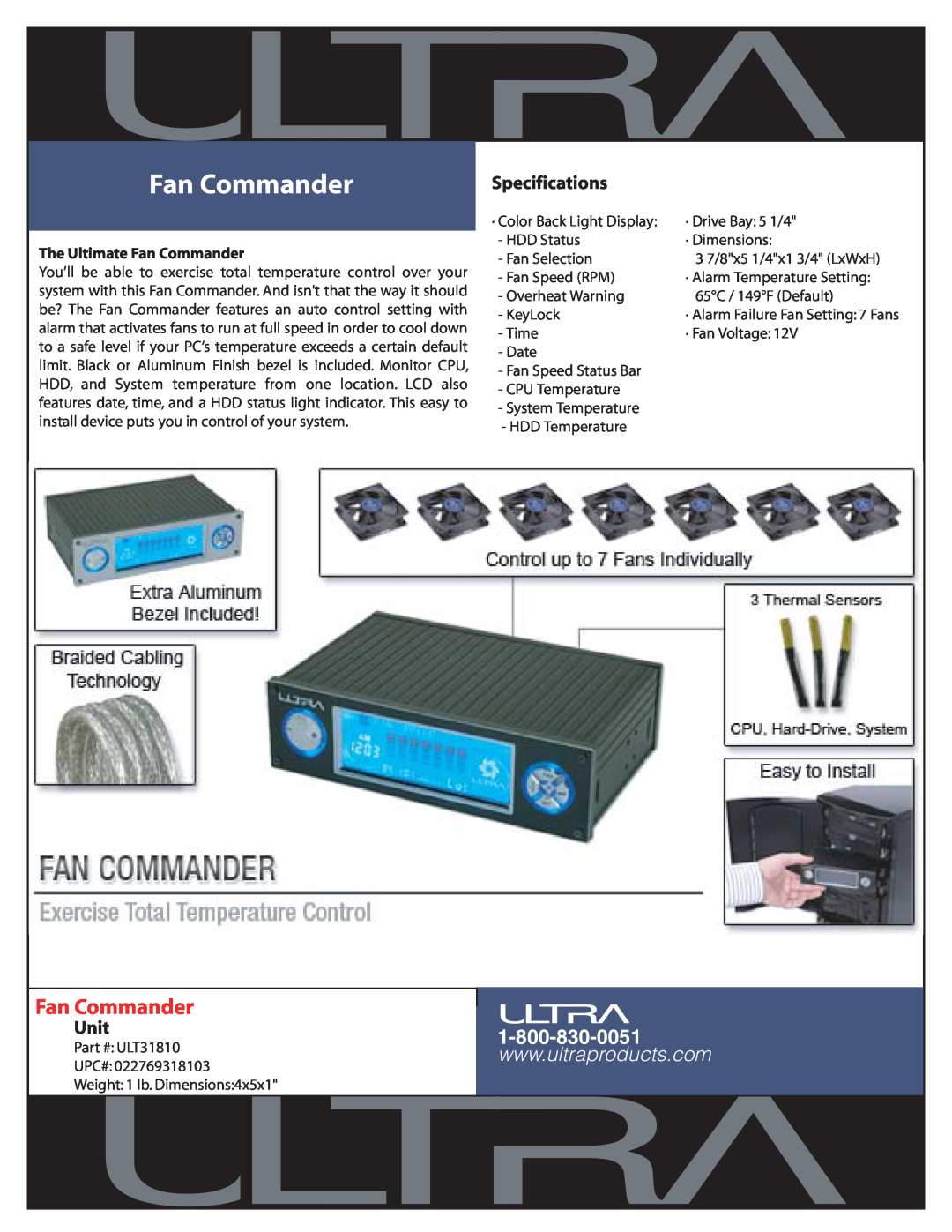 Ultra Products ULT31810 specifications Unit, Specifications, The Ultimate Fan Commander 