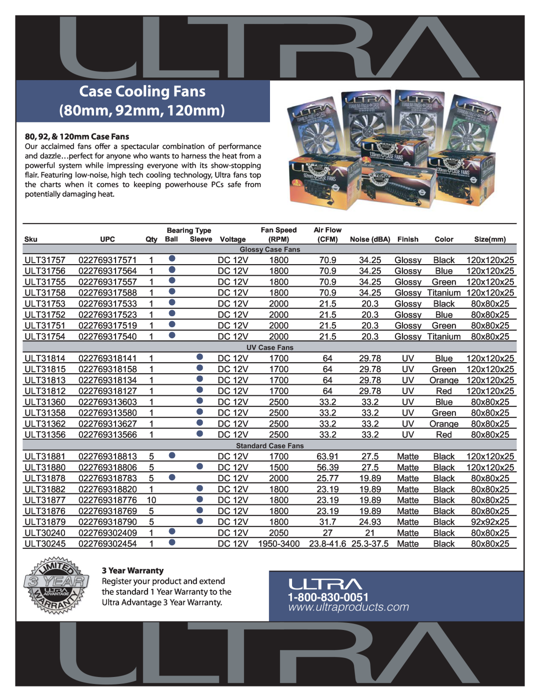 Ultra Products ULT31758 warranty Case Cooling Fans 80mm, 92mm, 120mm, W Ar, 80, 92, & 120mm Case Fans, Year Warranty 