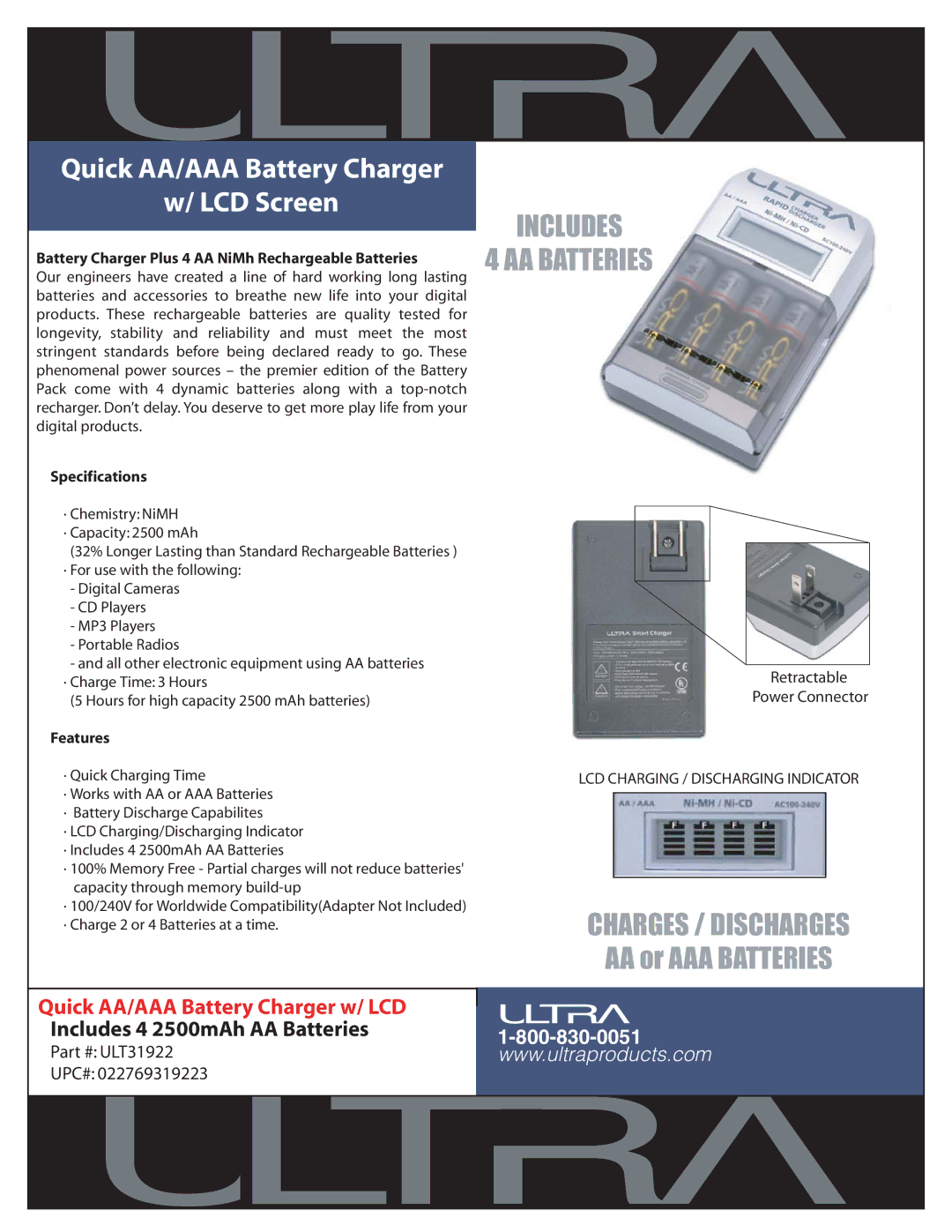 Ultra Products ULT31922 specifications Quick AA/AAA Battery Charger LCD Screen, Includes AA Batteries 