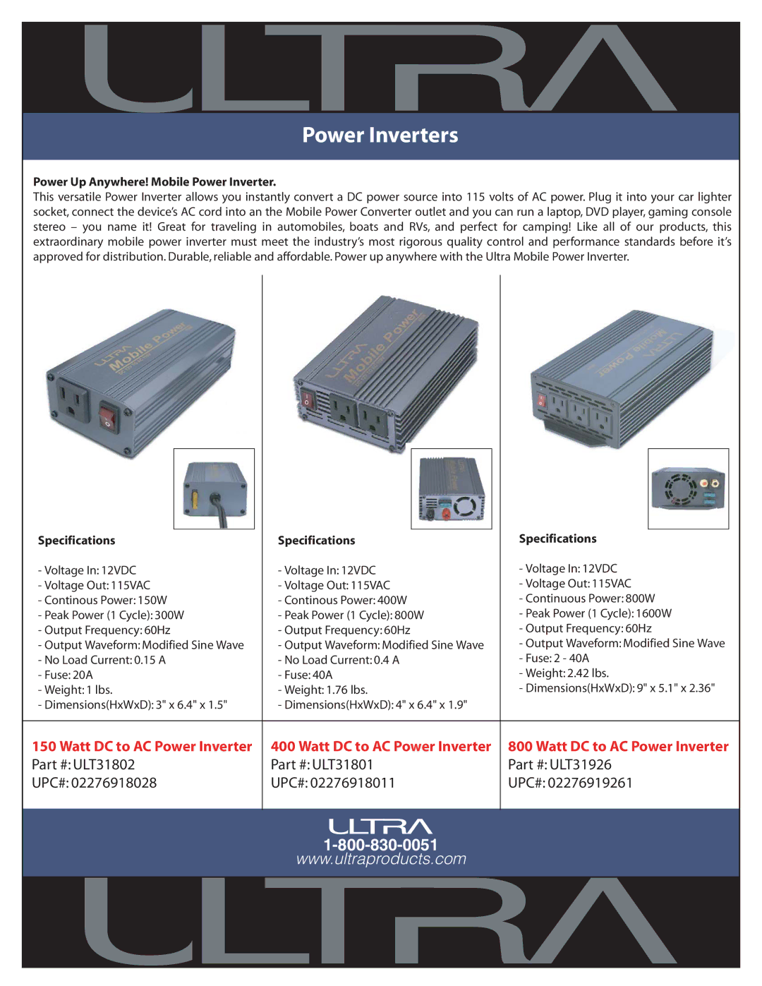 Ultra Products ULT31802, ULT31926 specifications Power Inverters, Power Up Anywhere! Mobile Power Inverter, Specifications 