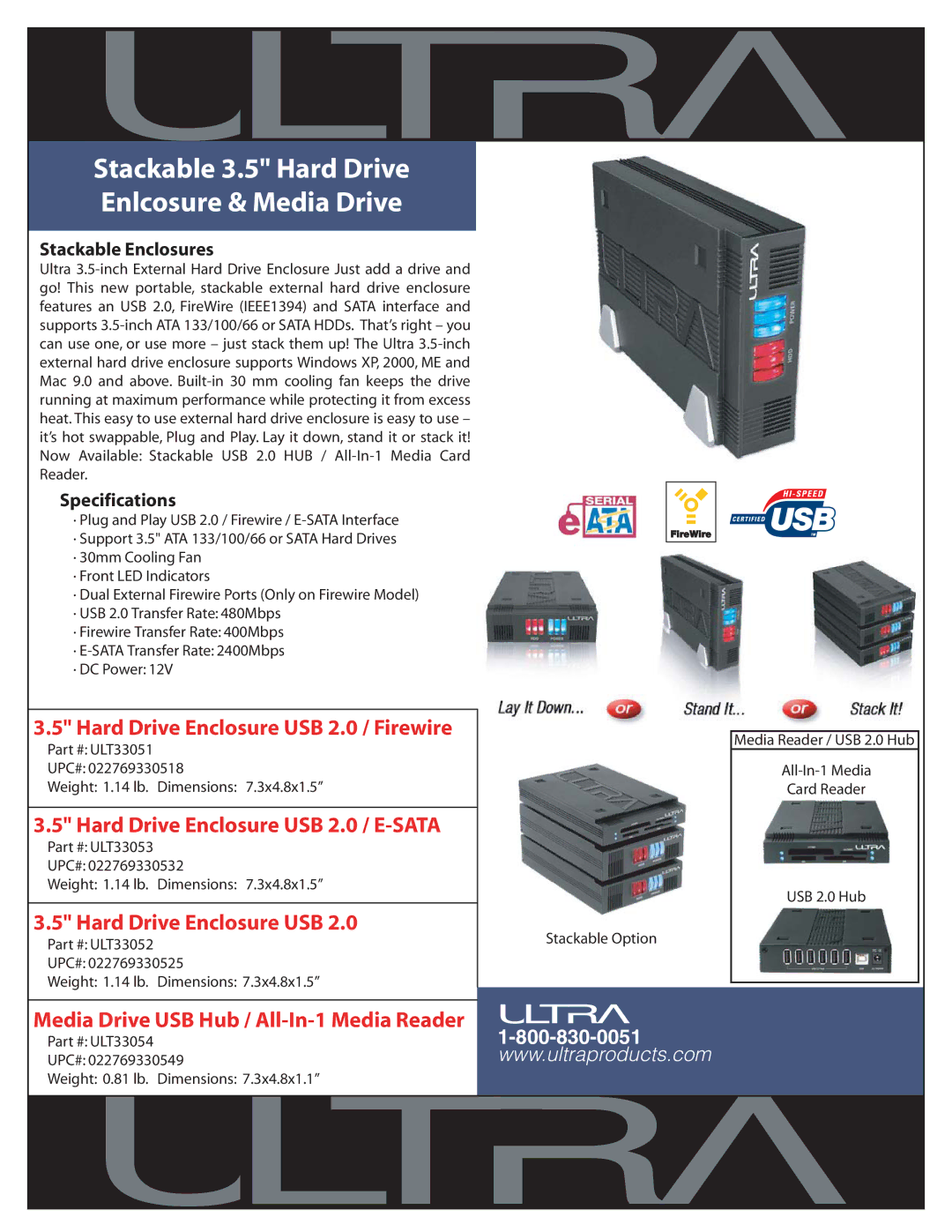 Ultra Products ULT33053 specifications Stackable 3.5 Hard Drive Enlcosure & Media Drive, Hard Drive Enclosure USB 