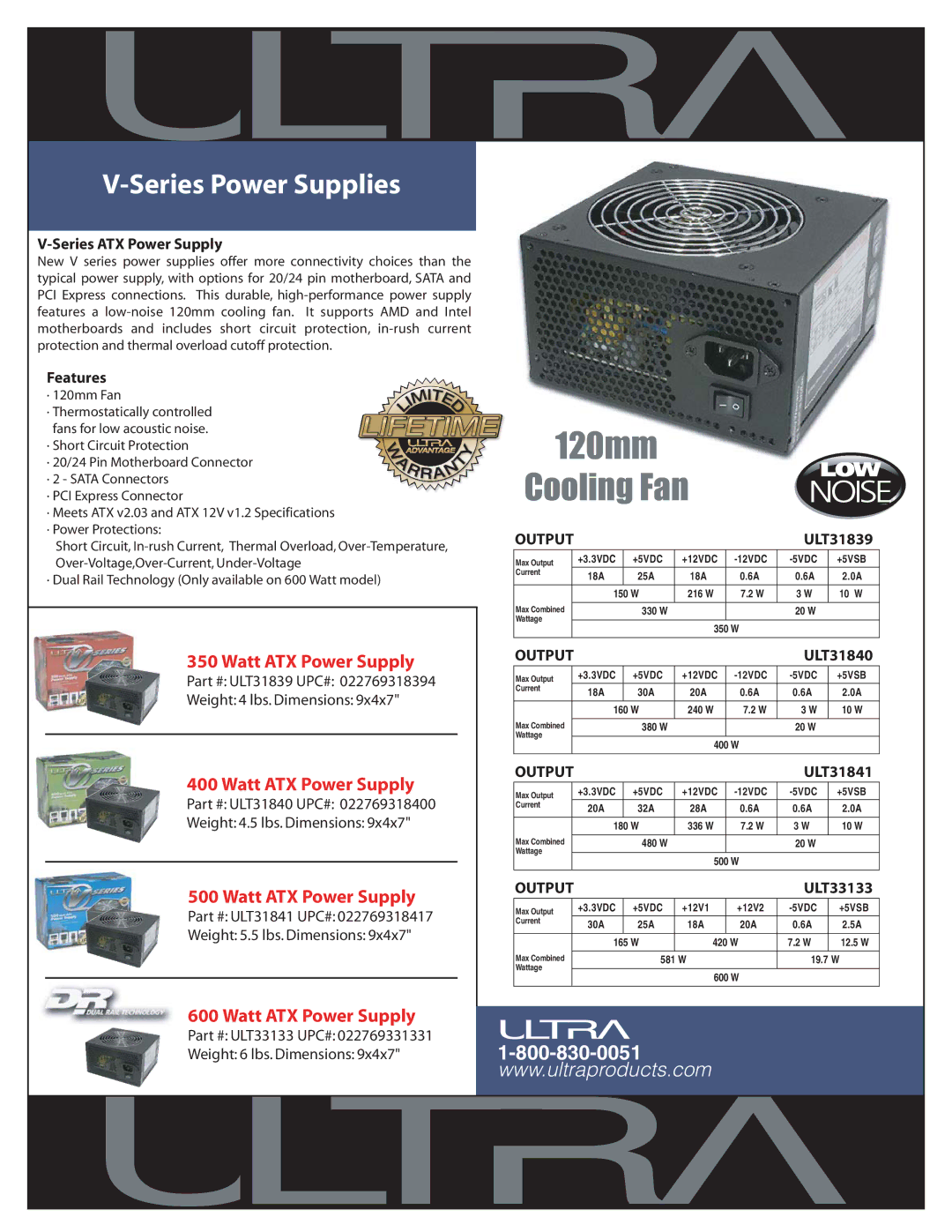 Ultra Products ULT31840, ULT33133 dimensions 120mm Cooling Fan, Series Power Supplies, Output 