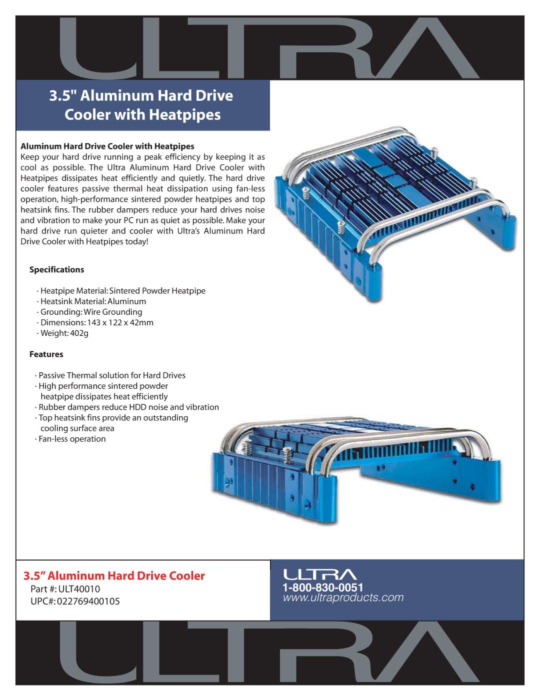 Ultra Products ULT40010 specifications Aluminum Hard Drive Cooler with Heatpipes, Specifications, Features 