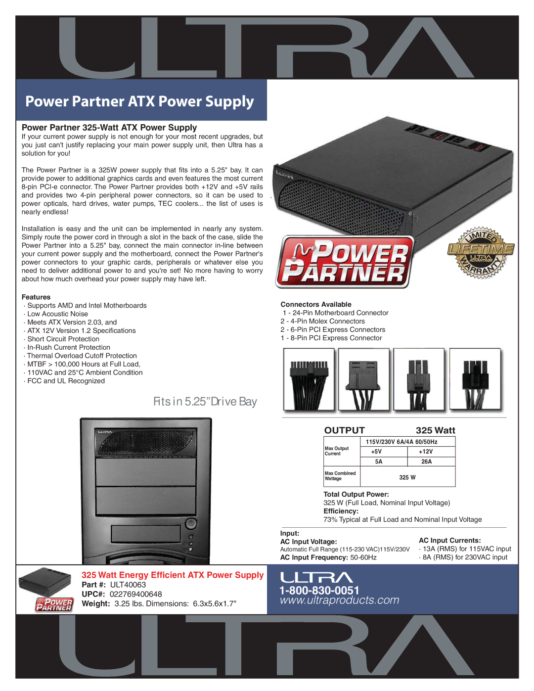 Ultra Products ULT40063 dimensions Power Partner ATX Power Supply, Fits in 5.25Drive Bay, Output, Watt 