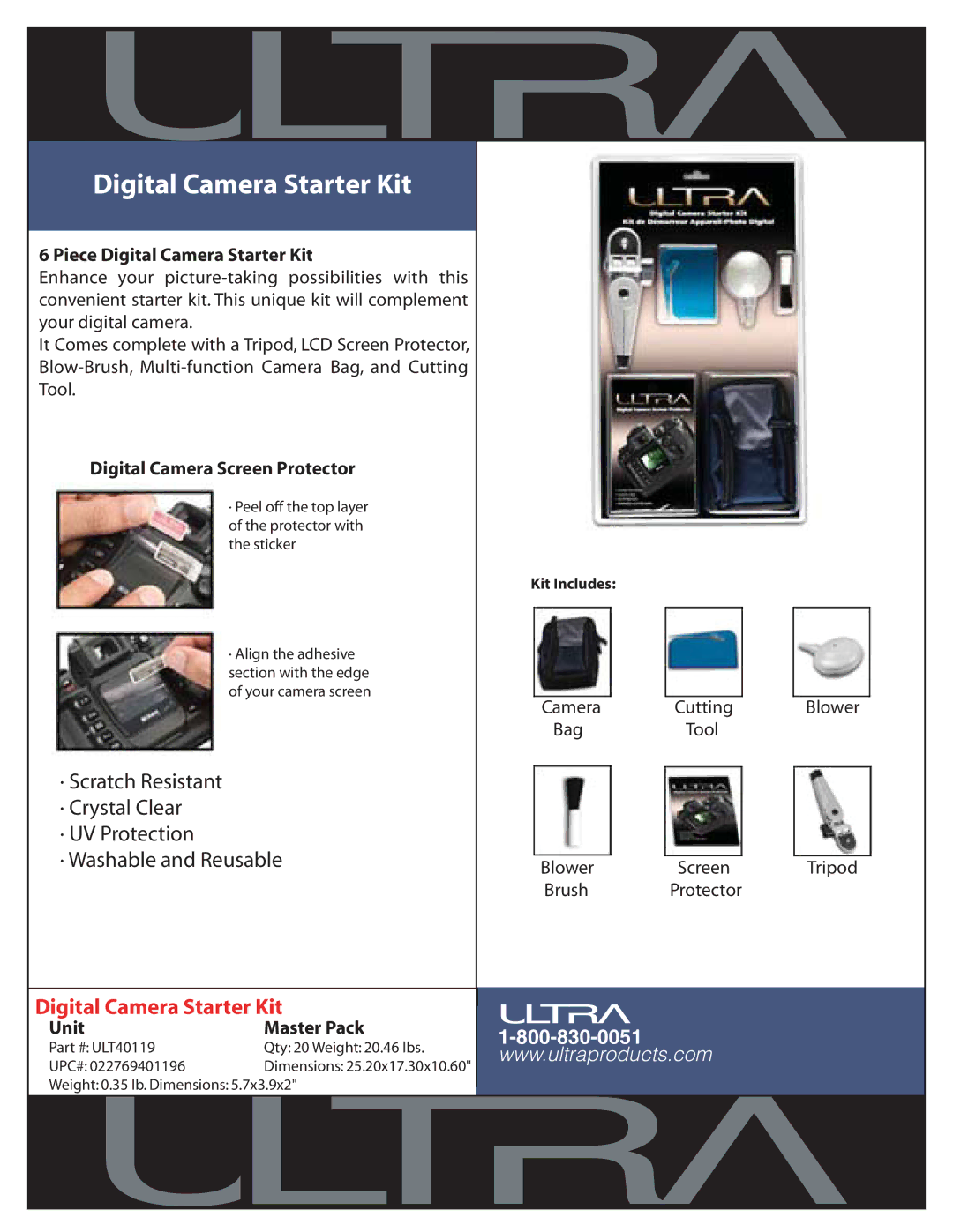 Ultra Products ULT40119 dimensions Piece Digital Camera Starter Kit, Digital Camera Screen Protector, Unit Master Pack 