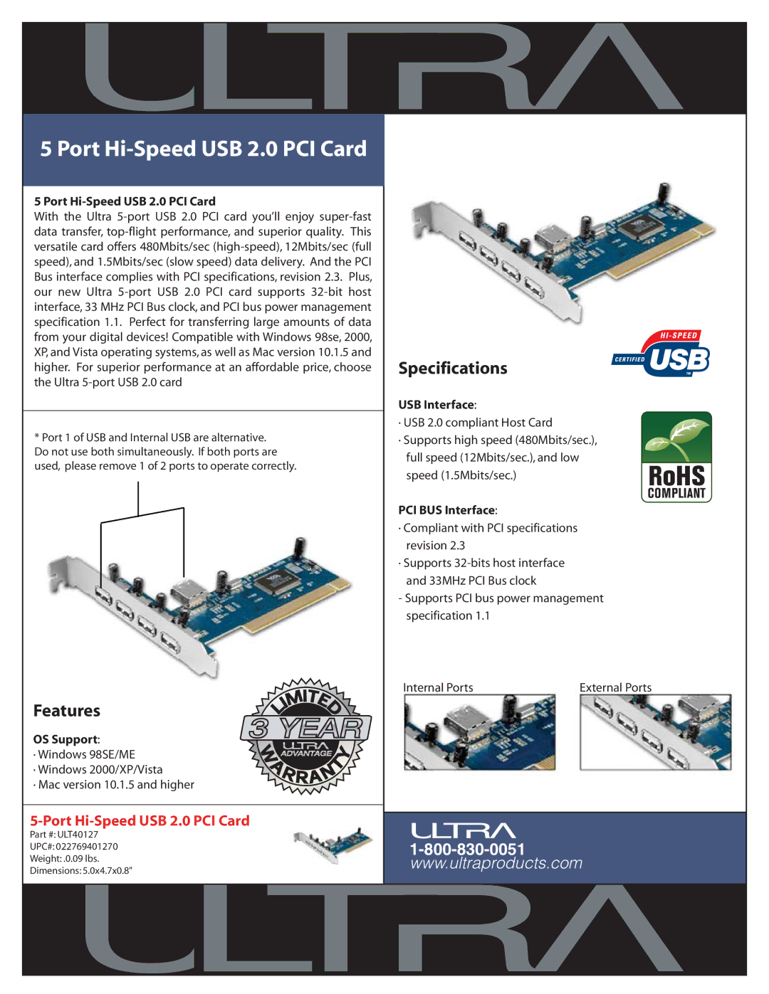 Ultra Products ULT40127 specifications Port Hi-Speed USB 2.0 PCI Card, Features, Specifications 