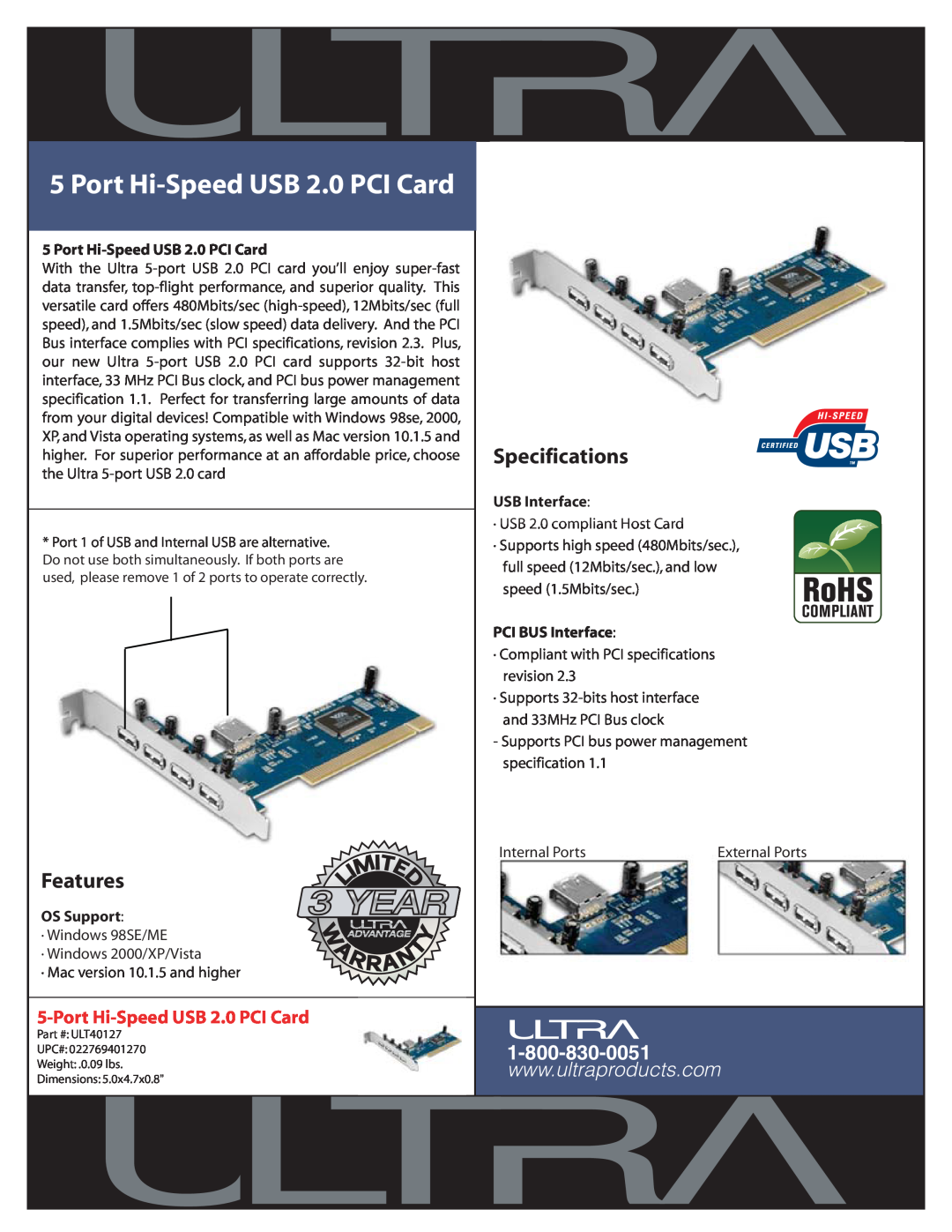 Ultra Products ULT40127 specifications Port Hi-Speed USB 2.0 PCI Card, Features, Specifications, OS Support, USB Interface 