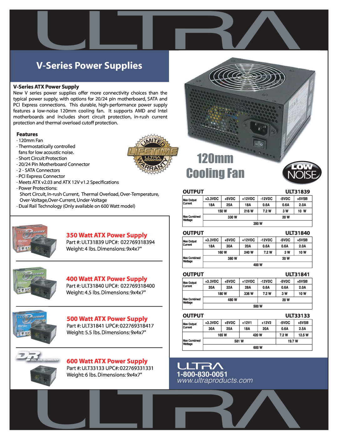 Ultra Products dimensions 120mm Cooling Fan, V-Series Power Supplies, Watt ATX Power Supply, V-Series ATX Power Supply 