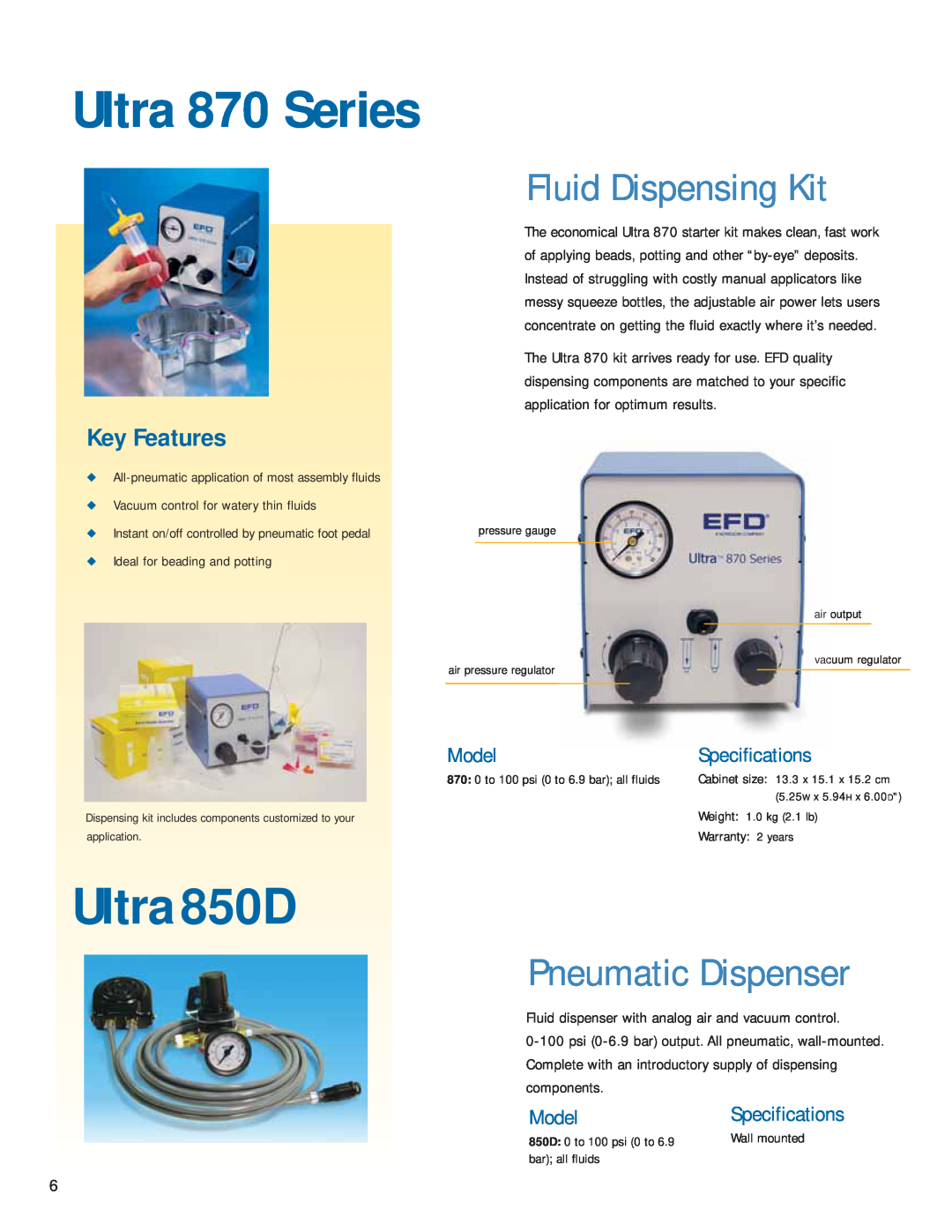 Ultra Products v051806 manual Ultra850D, Pneumatic Dispenser, Model, Ultra 870 Series, Fluid Dispensing Kit, Key Features 