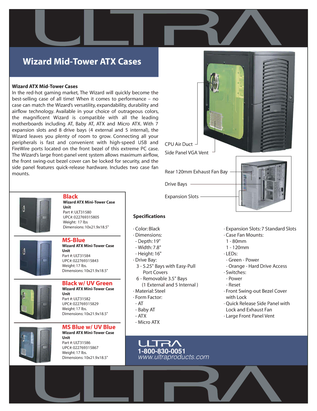 Ultra Products dimensions Wizard Mid-Tower ATX Cases, MS-Blue, Black w/ UV Green, MS Blue w/ UV Blue 