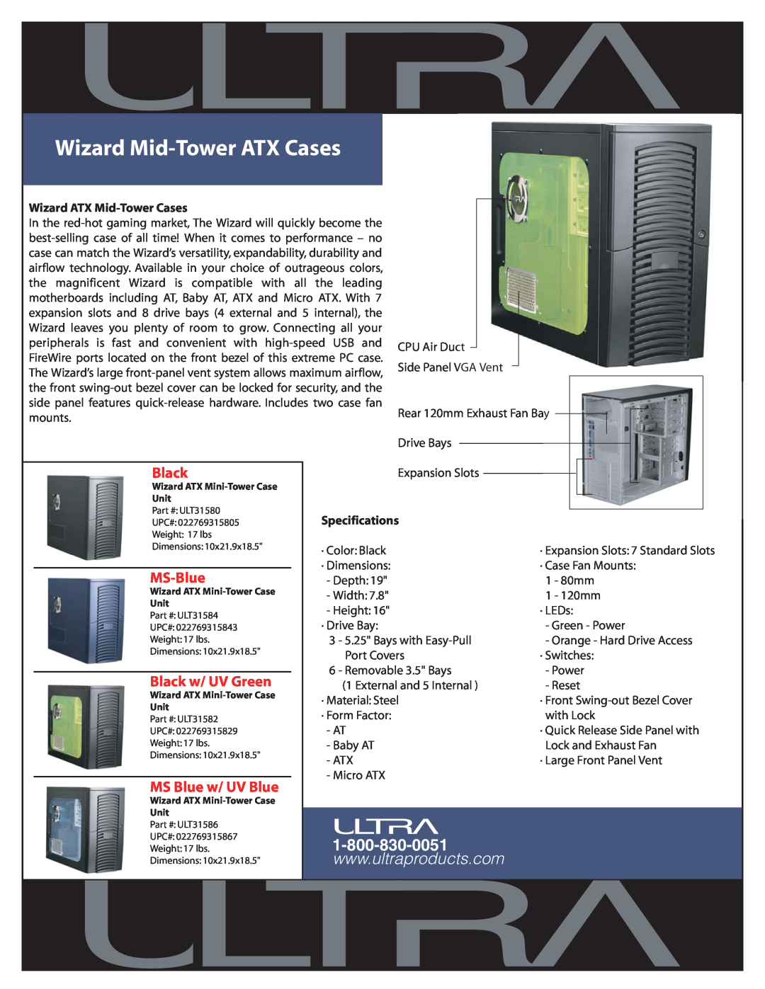 Ultra Products dimensions Wizard Mid-Tower ATX Cases, MS-Blue, Black w/ UV Green, MS Blue w/ UV Blue 