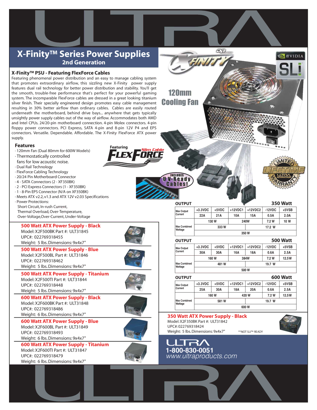 Ultra Products X-Finity Series specifications Finity Series Power Supplies, 120mm Cooling Fan, 2nd Generation 