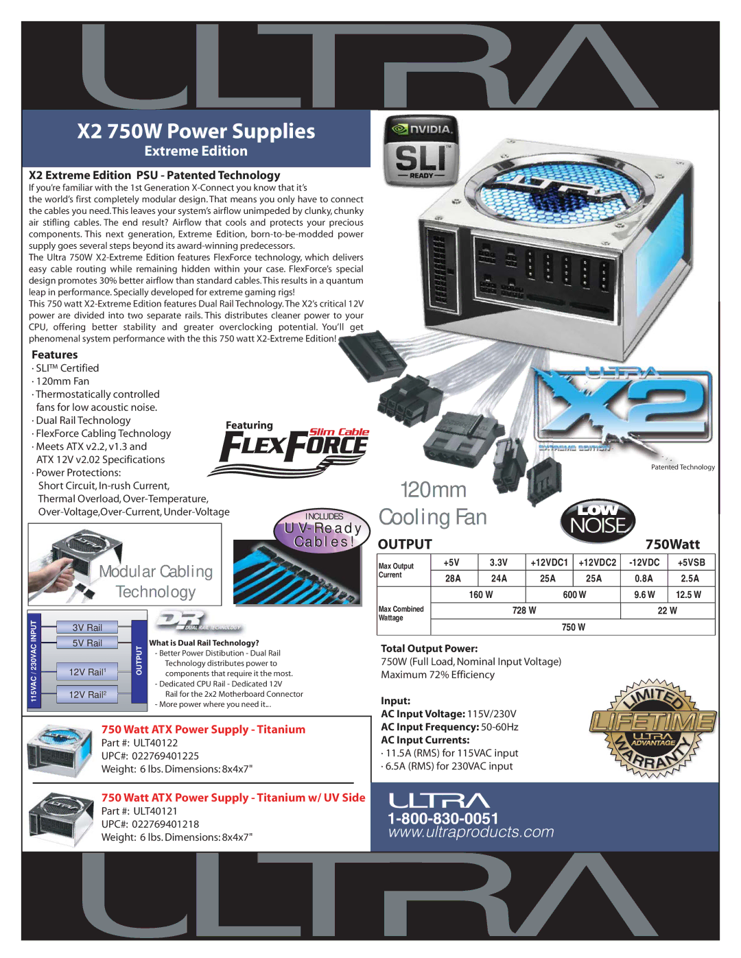 Ultra Products X2 750W specifications X2 Extreme Edition PSU Patented Technology, Featuring, Total Output Power 