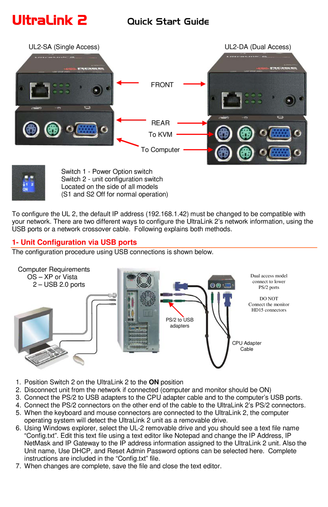 Ultralink UL2-DA, UL2-SA quick start UltraLink, Unit Configuration via USB ports 