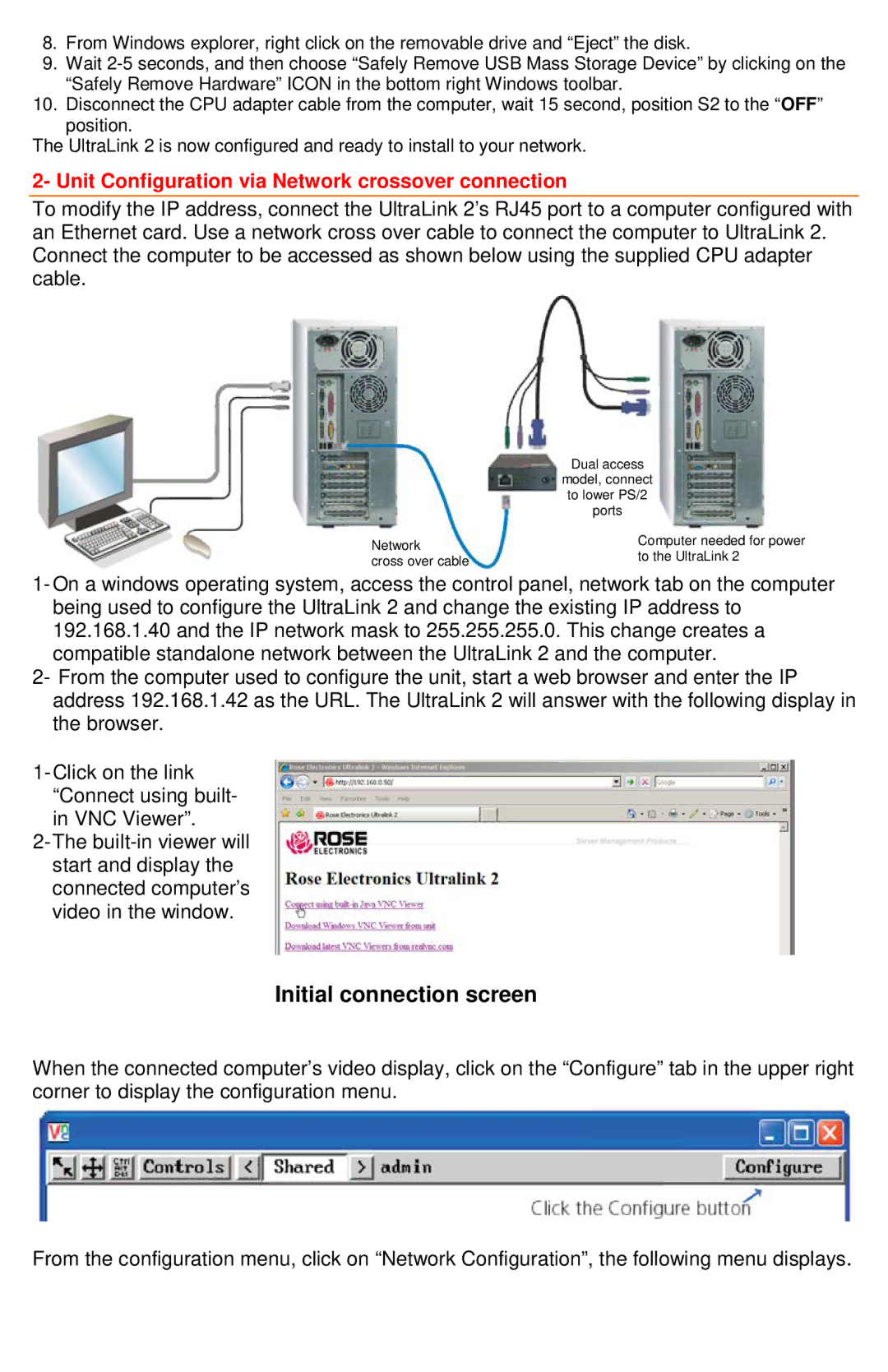 Ultralink UL2-SA, UL2-DA quick start Initial connection screen, Unit Configuration via Network crossover connection 