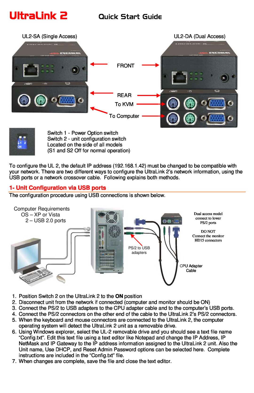 Ultralink UL2-DA, UL2-SA quick start Unit Configuration via USB ports, UltraLink, Quick Start Guide 