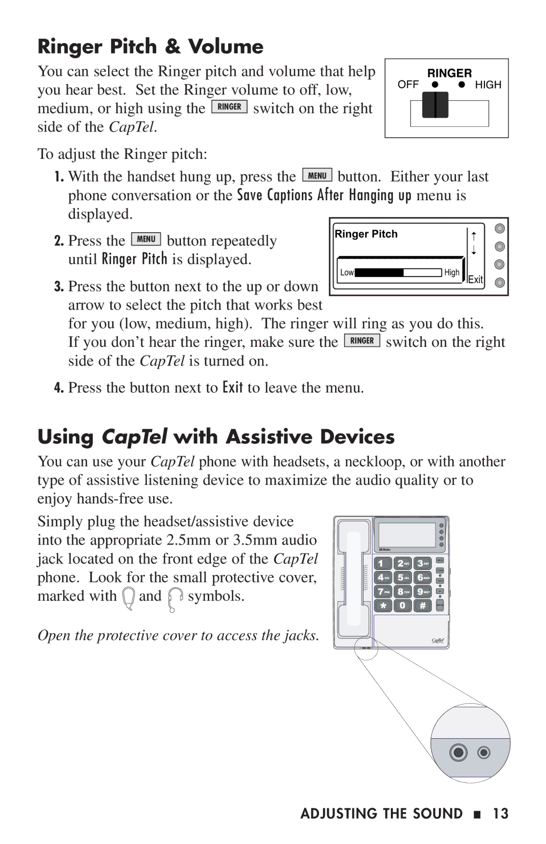 Ultratec 200 manual Ringer Pitch & Volume, Using CapTel with Assistive Devices 