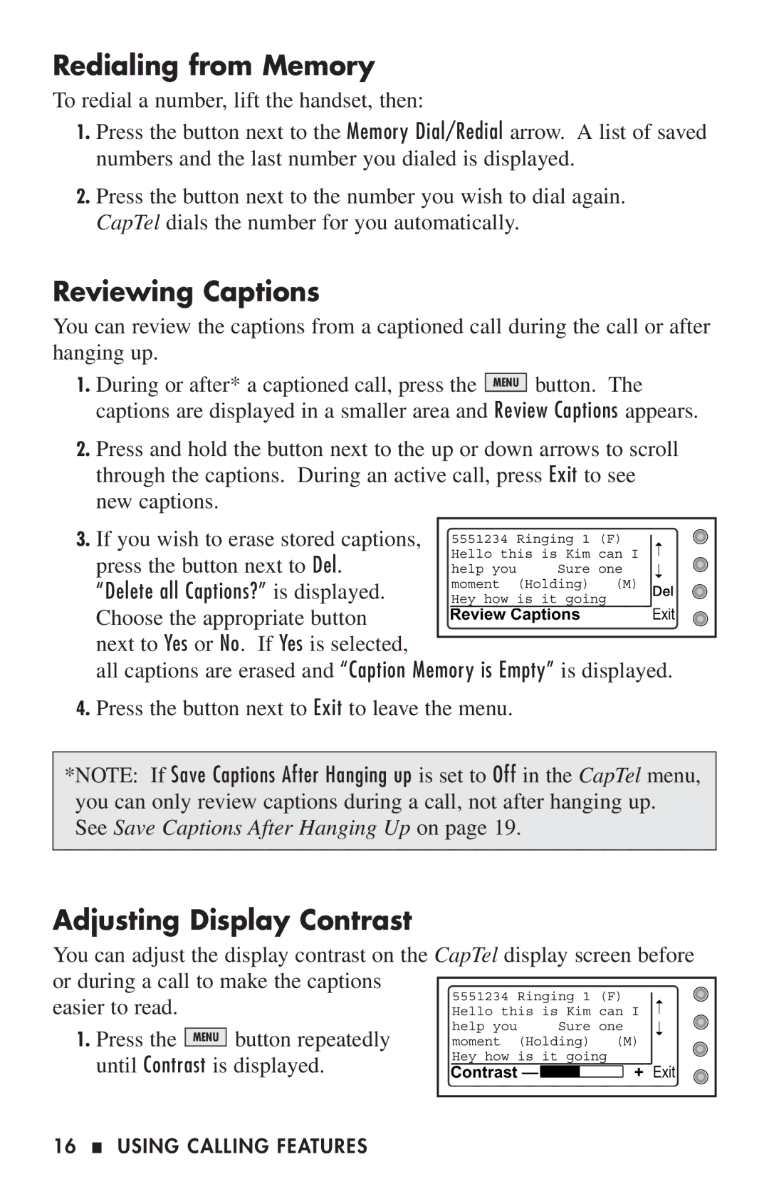 Ultratec 200 manual Redialing from Memory, Reviewing Captions, Adjusting Display Contrast 