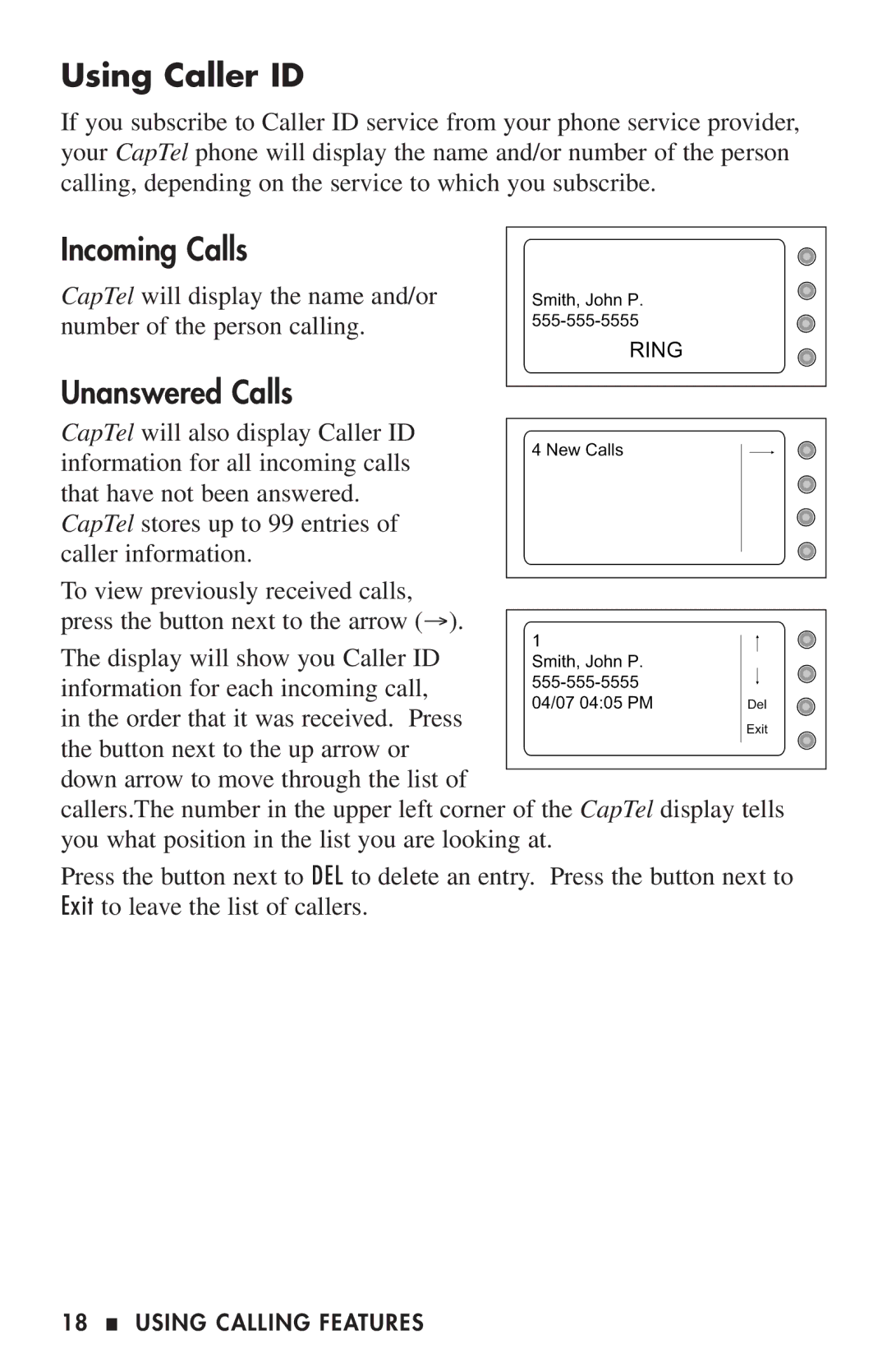 Ultratec 200 manual Using Caller ID, Incoming Calls, Unanswered Calls 