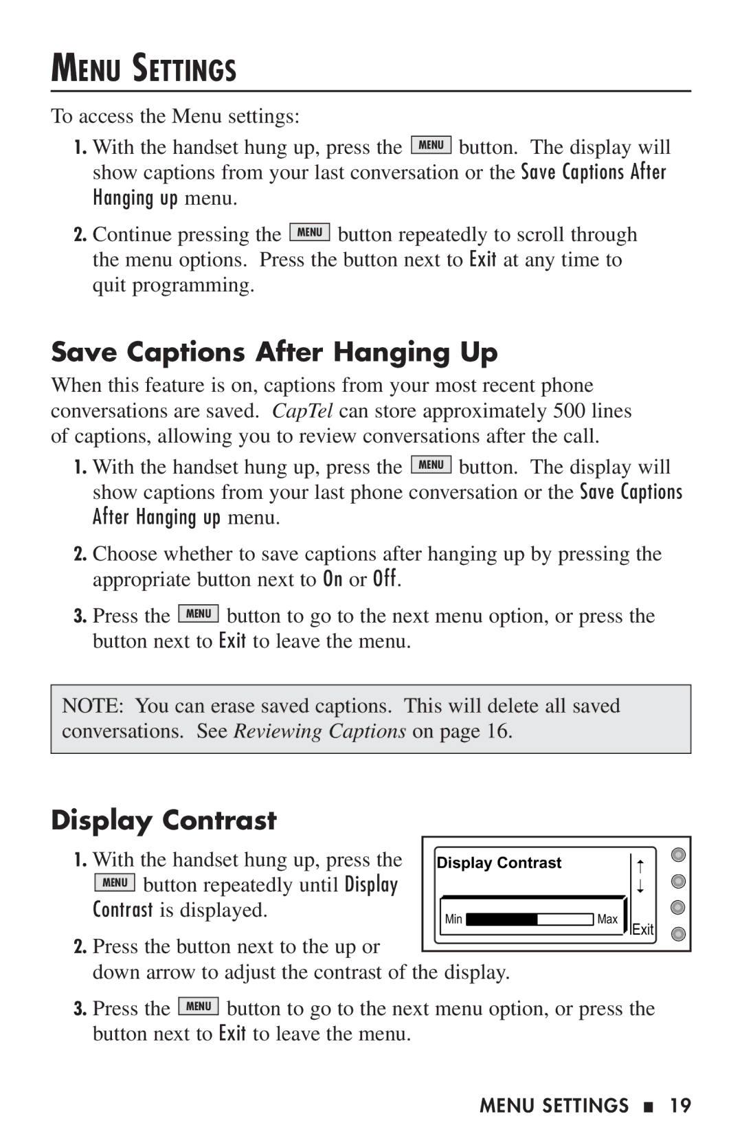 Ultratec 200 manual Menu Settings, Save Captions After Hanging Up, Display Contrast 