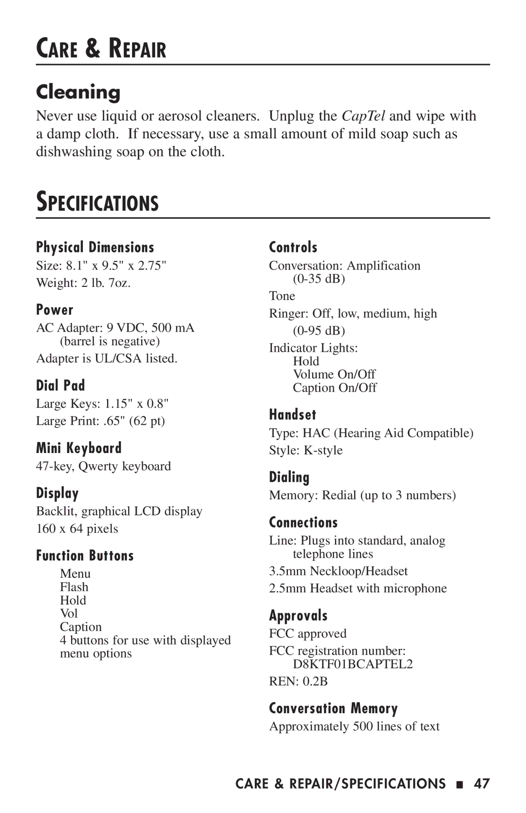 Ultratec 200 manual Care & Repair, Specifications, Cleaning 