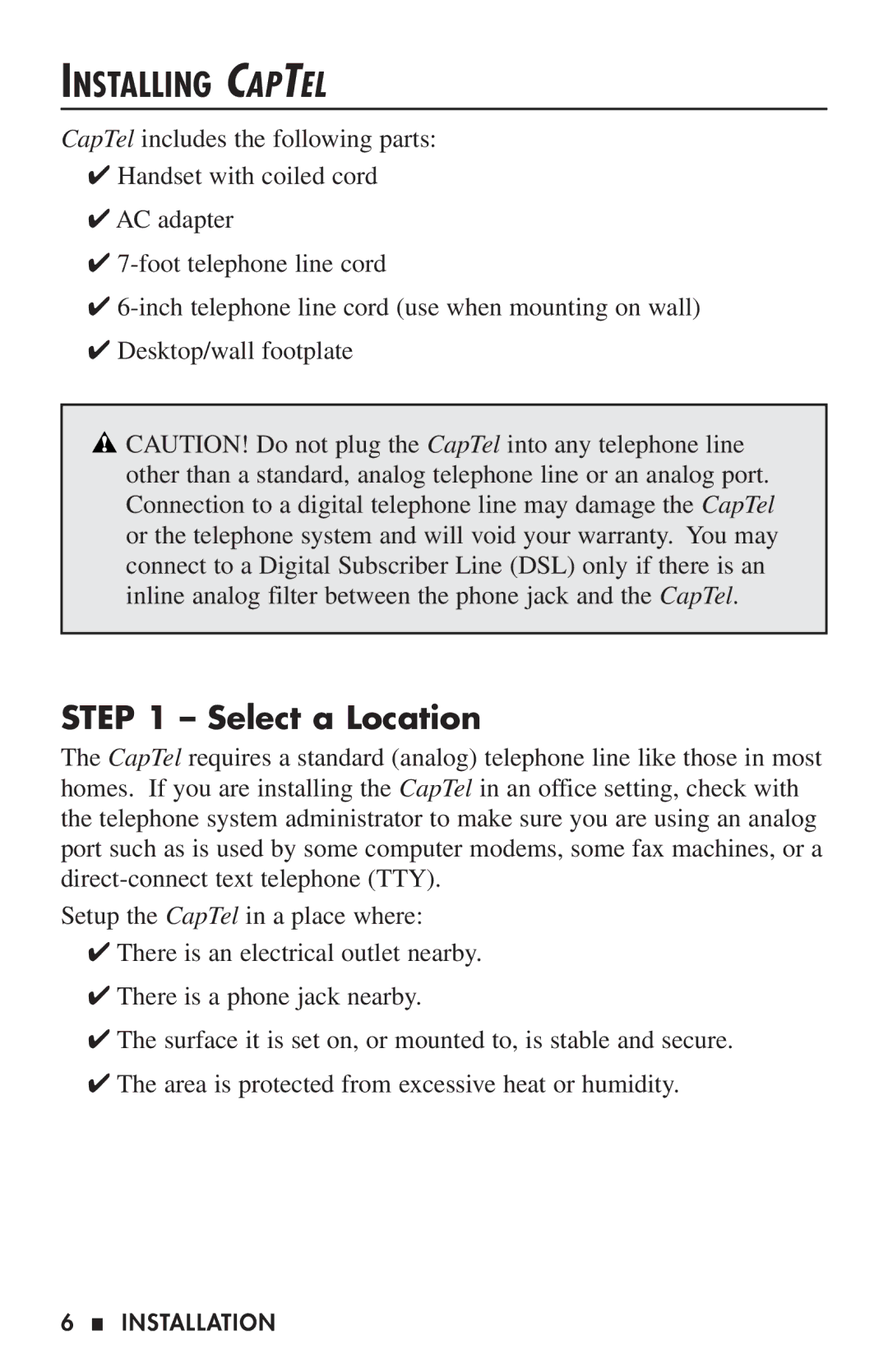 Ultratec 200 manual Installing Captel, Select a Location 