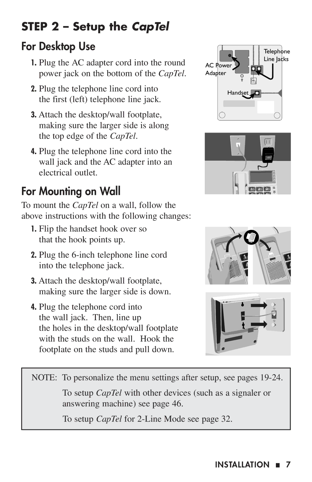 Ultratec 200 manual Setup the CapTel, For Desktop Use, For Mounting on Wall 