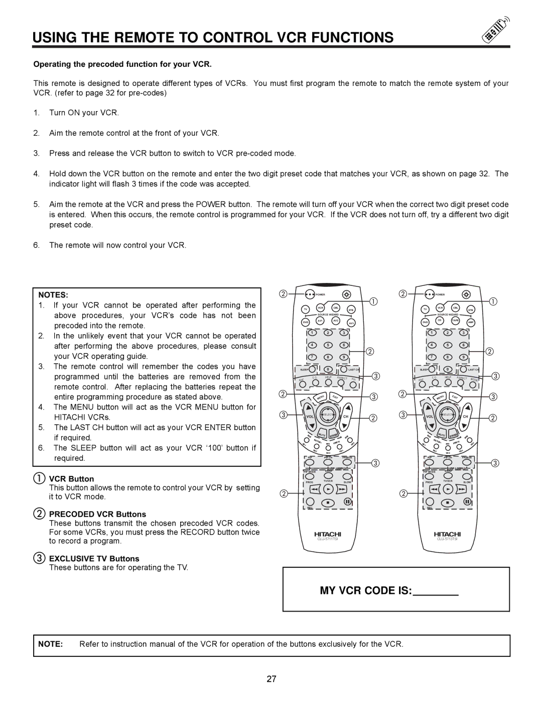 Ultratec 43FDX10B, 43FDX11B Using the Remote to Control VCR Functions, Operating the precoded function for your VCR 