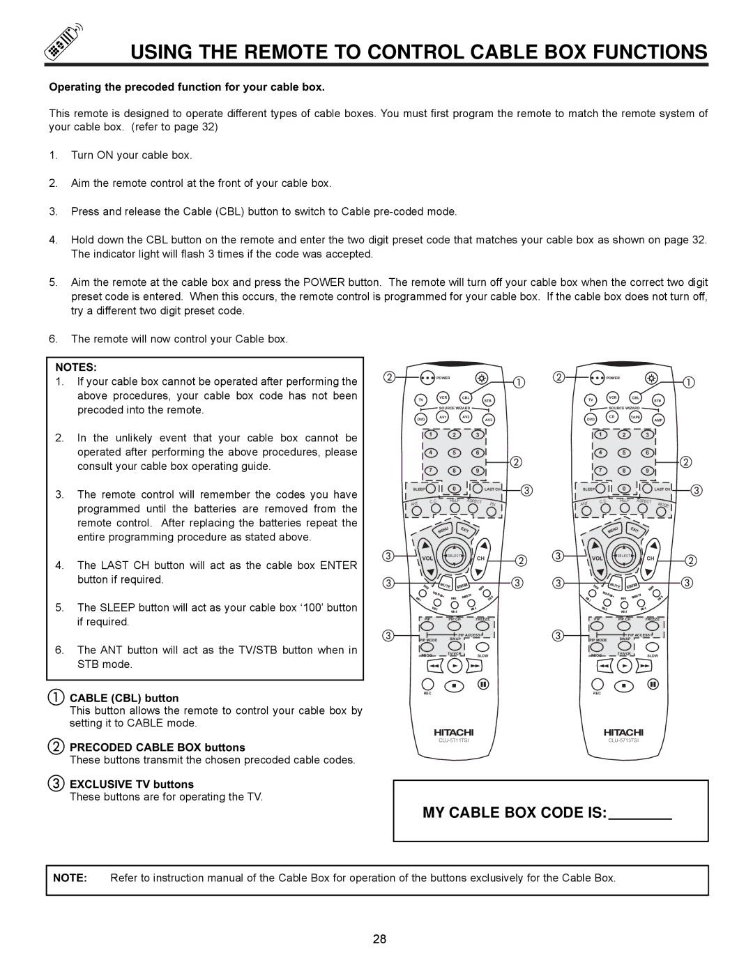 Ultratec 43FDX11B Using the Remote to Control Cable BOX Functions, Operating the precoded function for your cable box 