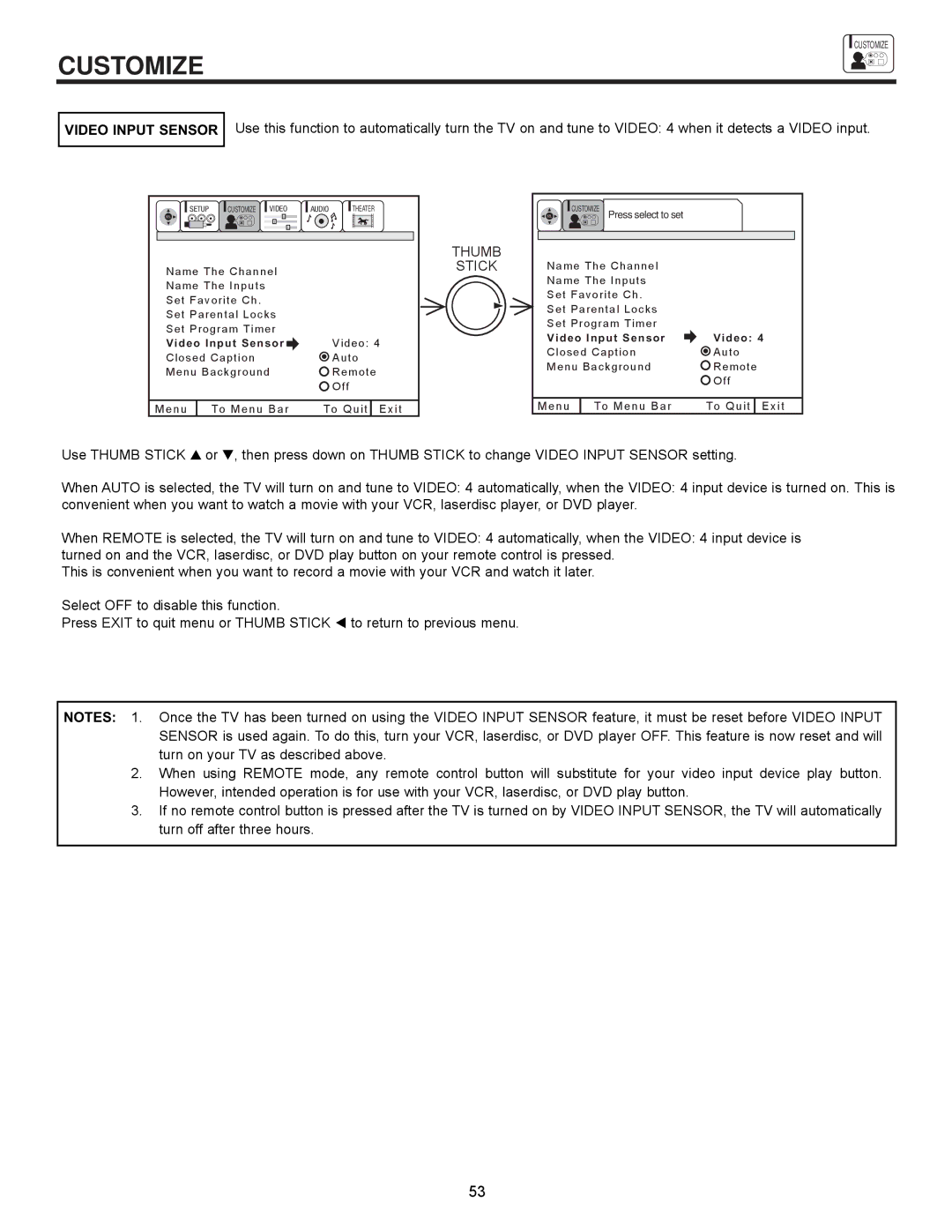 Ultratec 61UDX10B, 43FDX11B, 53UDX10B, 43FDX10B important safety instructions Video Input Sensor, Thumb 