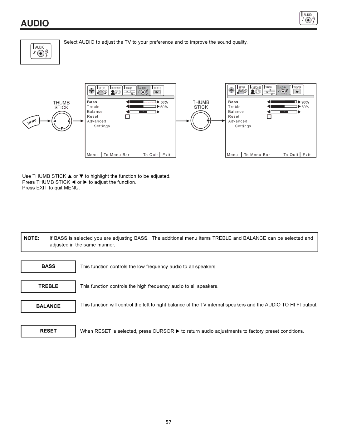 Ultratec 61UDX10B, 43FDX11B, 53UDX10B, 43FDX10B important safety instructions Audio, Bass, Treble, Balance 