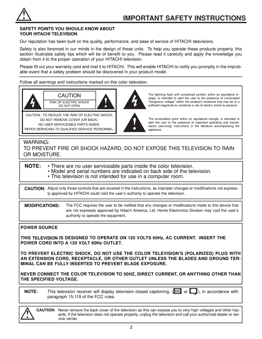 Ultratec 60FX20B, 50DX20B Important Safety Instructions, Safety Points YOU should Know about Your Hitachi Television 