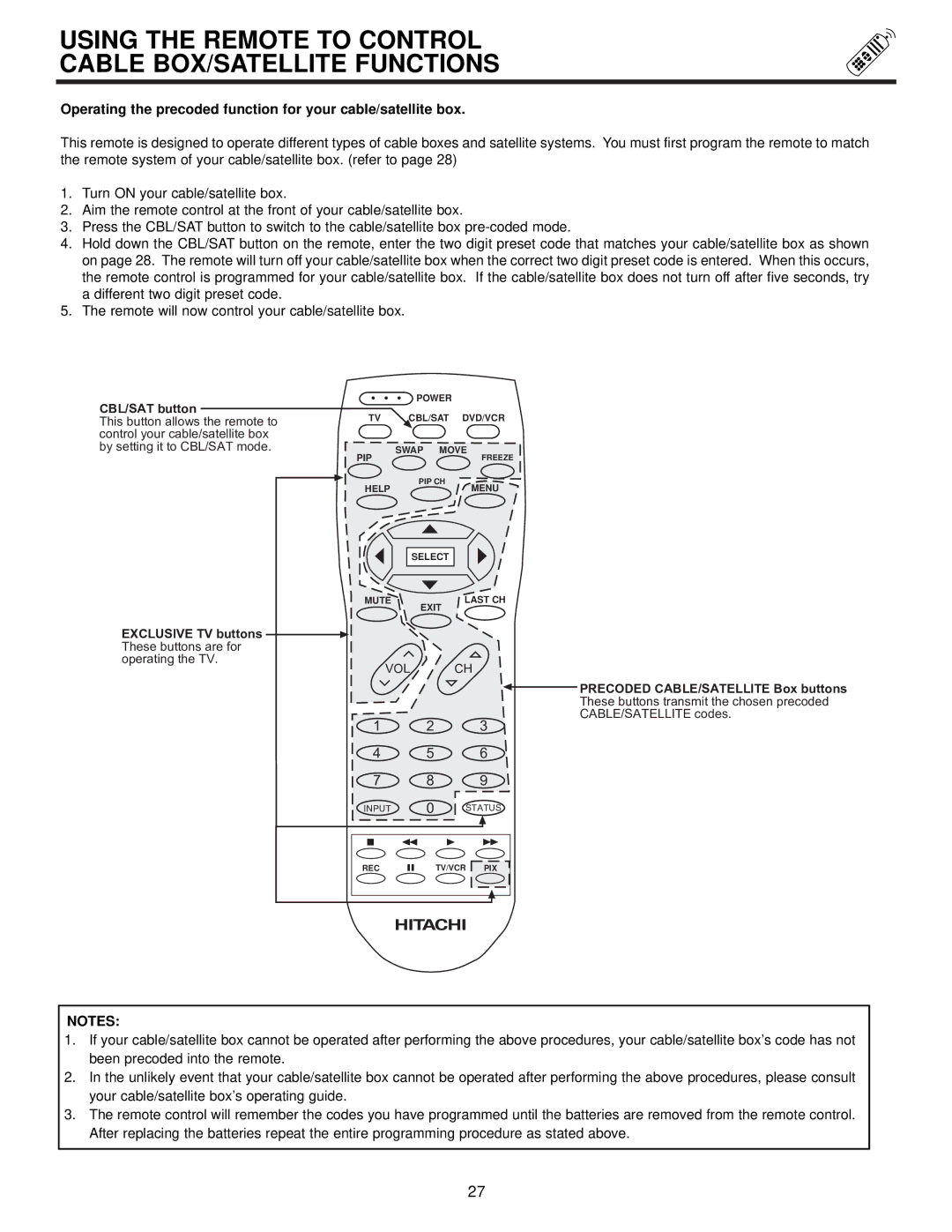 Ultratec 50DX20B, 50FX20B, 60FX20B important safety instructions Using the Remote to Control Cable BOX/SATELLITE Functions 