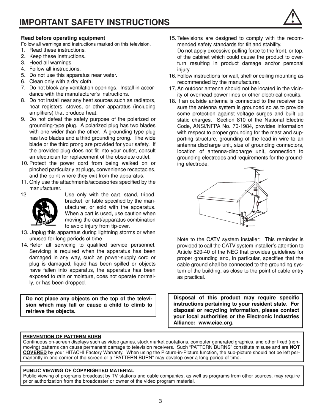 Ultratec 50DX20B, 50FX20B, 60FX20B Prevention of Pattern Burn, Public Viewing of Copyrighted Material 