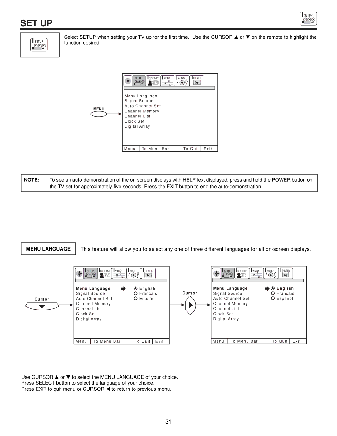 Ultratec 50FX20B, 50DX20B, 60FX20B important safety instructions Set Up, Menu Language 