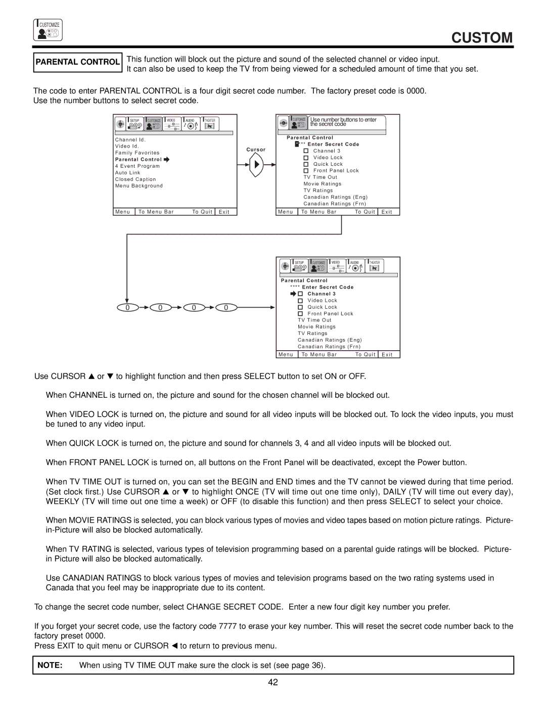 Ultratec 50DX20B, 50FX20B, 60FX20B important safety instructions Parental Control, Secret code 