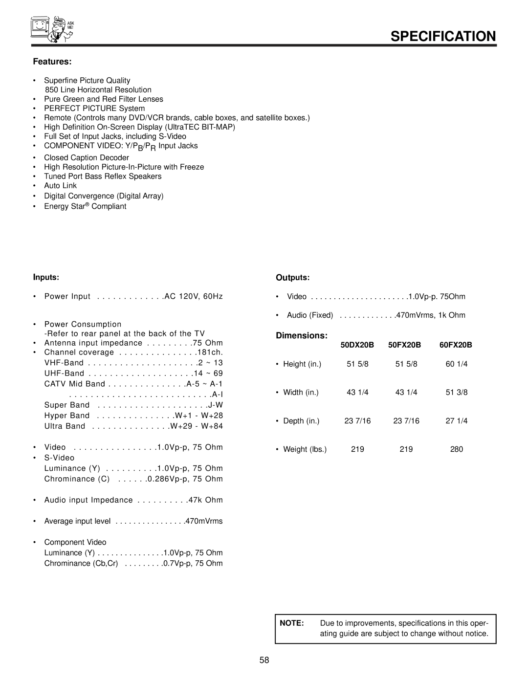 Ultratec important safety instructions Specification, Inputs, Outputs, 50DX20B 50FX20B 60FX20B 