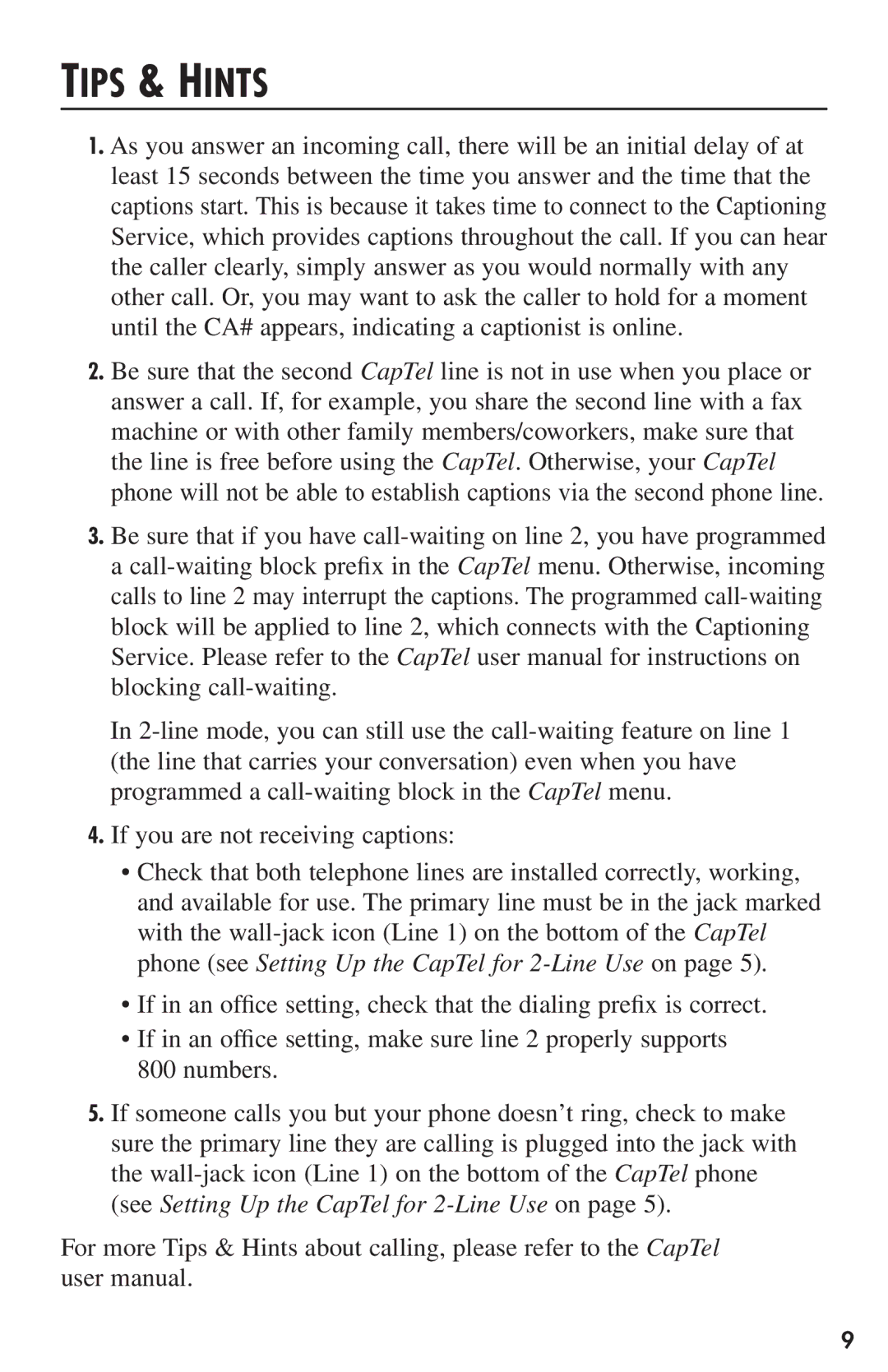 Ultratec CapTel user manual Tips & Hints 