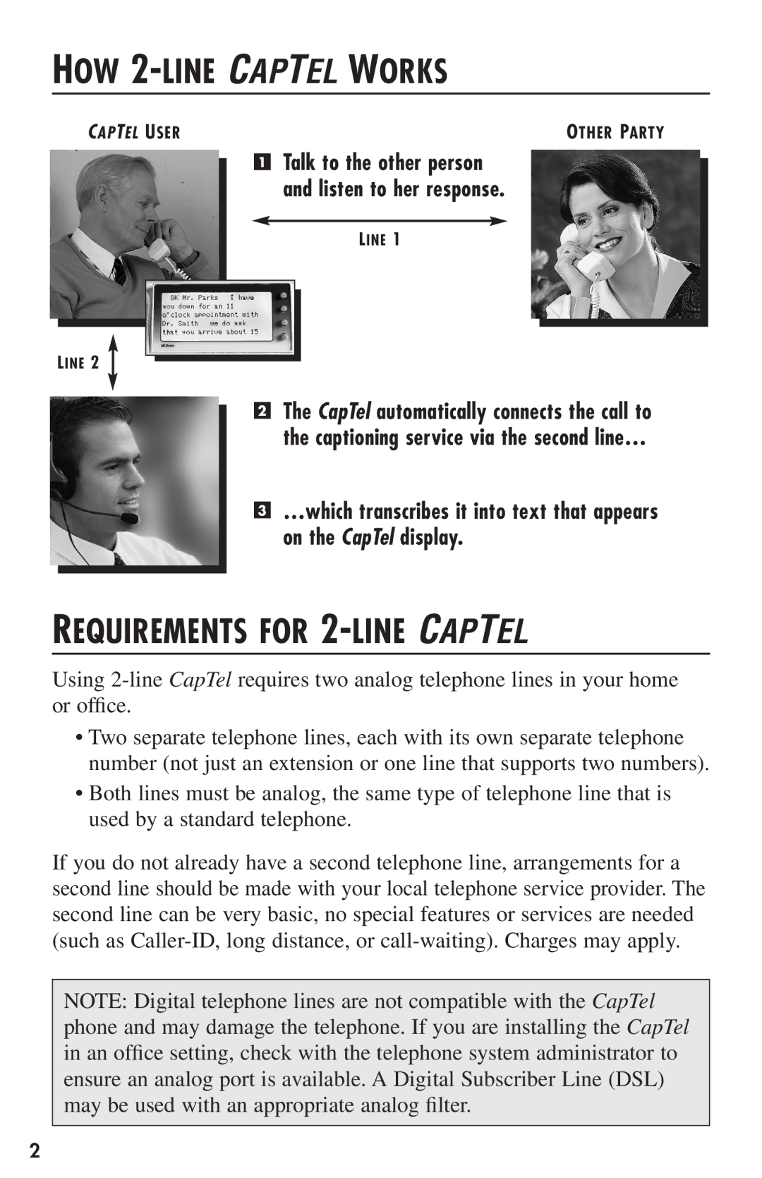 Ultratec CapTel user manual HOW 2-LINE Captel Works, Requirements for 2-LINE Captel 