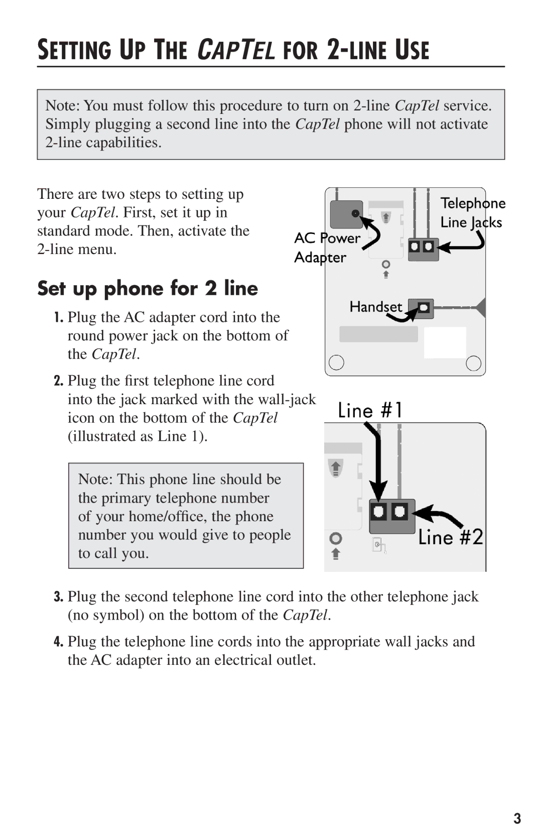 Ultratec CapTel user manual Setting UP the Captel for 2-LINE USE, Set up phone for 2 line 