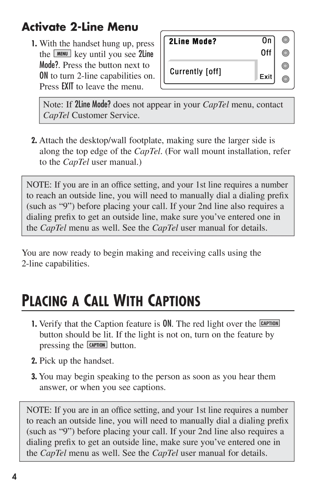 Ultratec CapTel user manual Placing a Call with Captions, Activate 2-Line Menu 