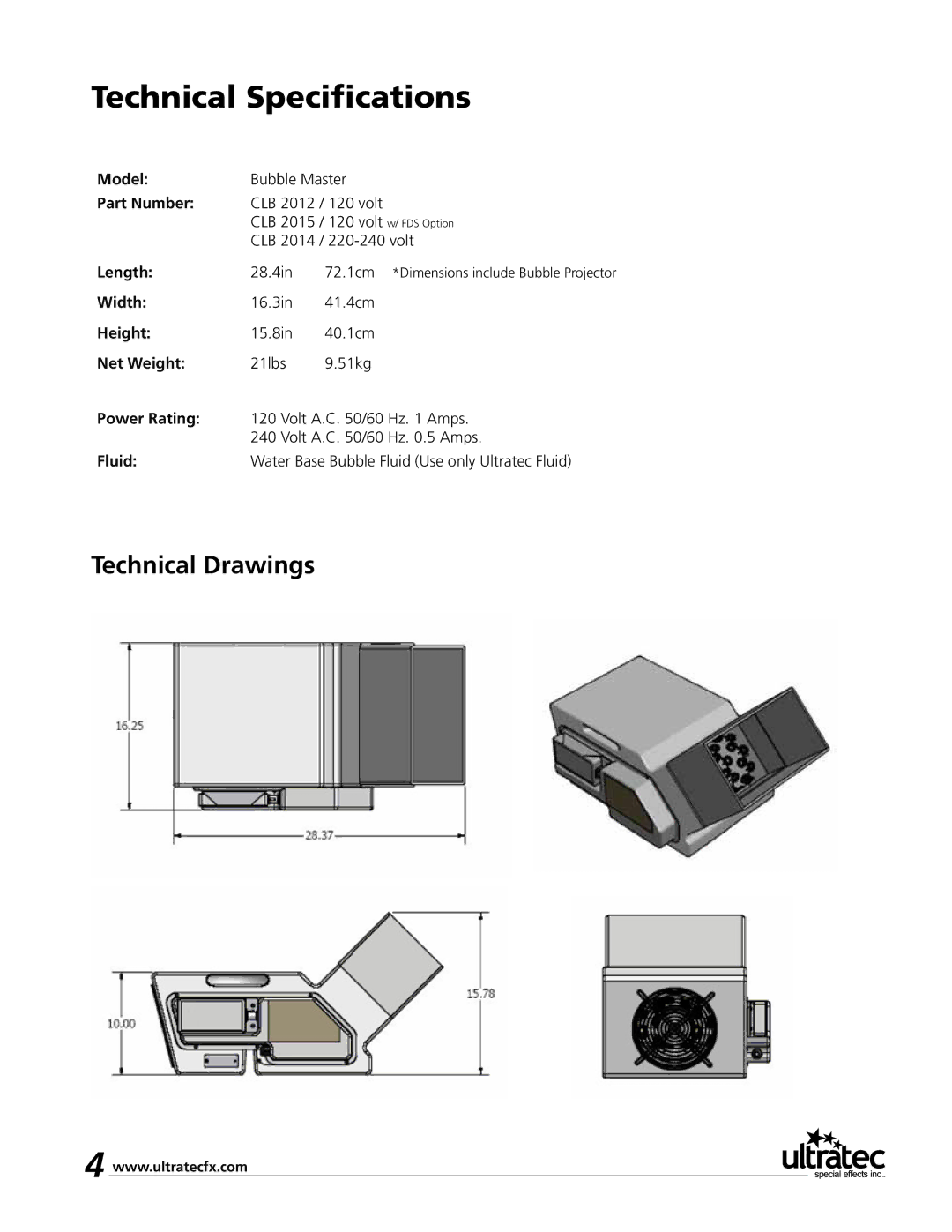 Ultratec CLB 2015, CLB 2014, CLB 2012 manual Technical Specifications 