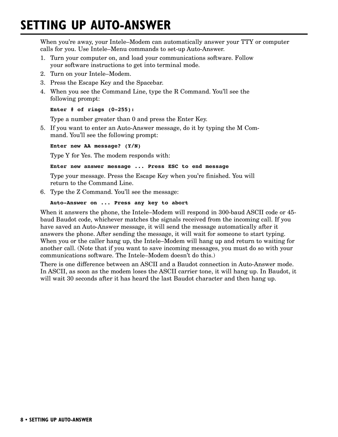 Ultratec INTELE-MODEM manual Setting UP AUTO-ANSWER 