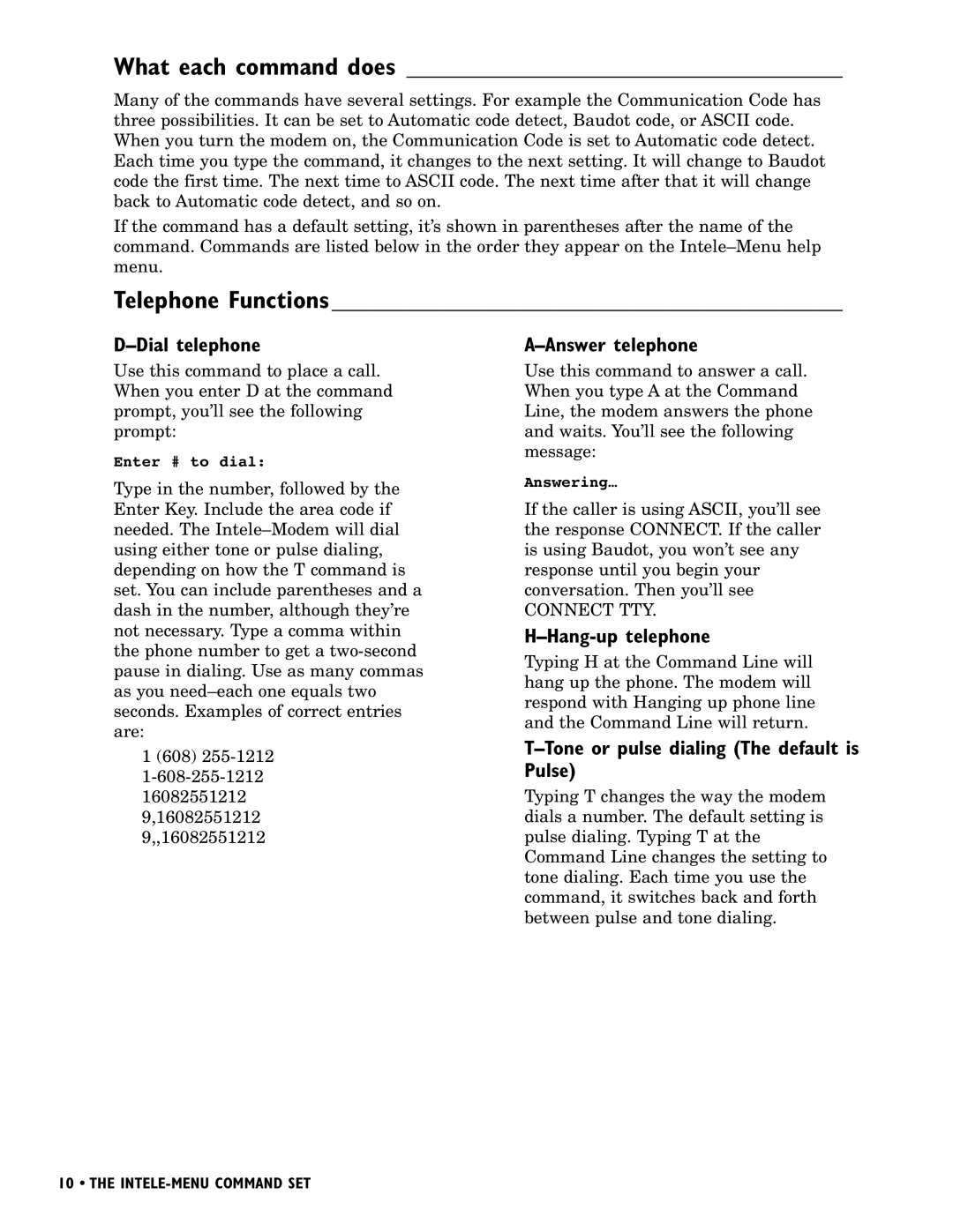 Ultratec INTELE-MODEM manual What each command does, Telephone Functions 