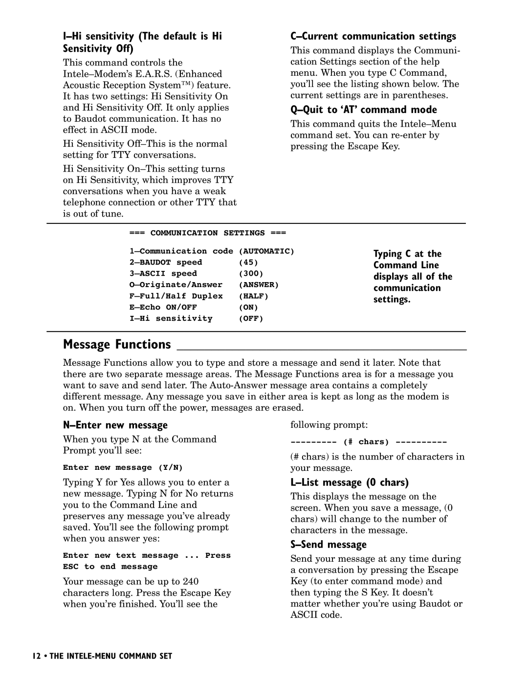 Ultratec INTELE-MODEM manual Message Functions 