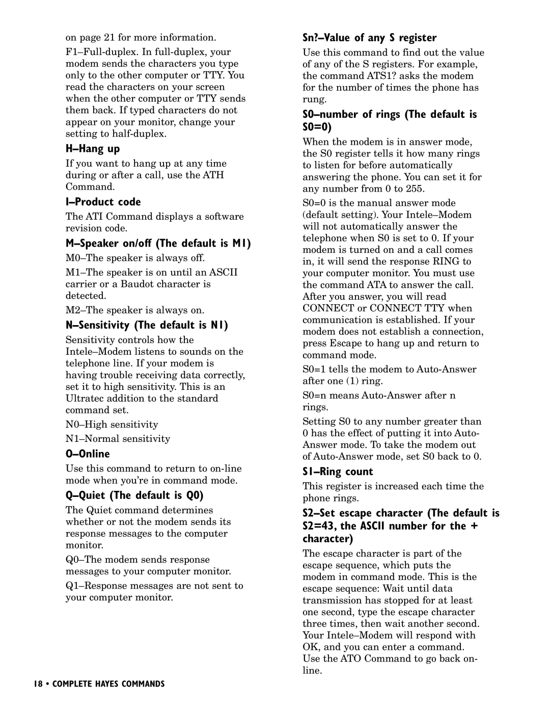 Ultratec INTELE-MODEM manual Hang up, Product code, Speaker on/off The default is M1, Sensitivity The default is N1, Online 